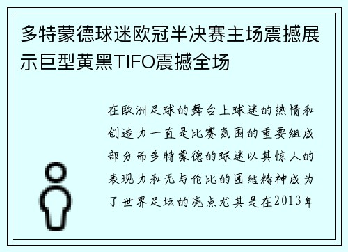 多特蒙德球迷欧冠半决赛主场震撼展示巨型黄黑TIFO震撼全场